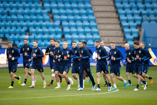 Players of the Swedish national football team warming up