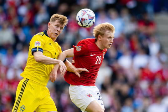 Emil Krafth of Sweden and Mats Møller Dæhli of Norway