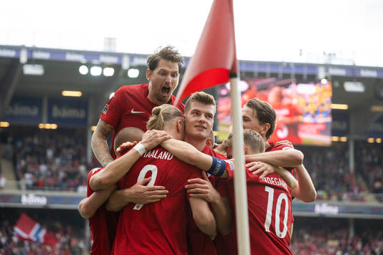 Players of Norway celebrate the 2-0 goal by Erling Braut