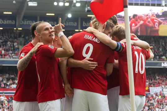 Leo Østigård and Erling Braut Haaland of Norway celebrate