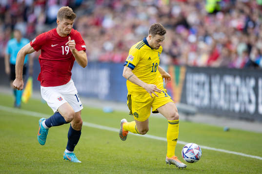 Alexander Sørloth of Norway and Gabriel Gudmundsson of