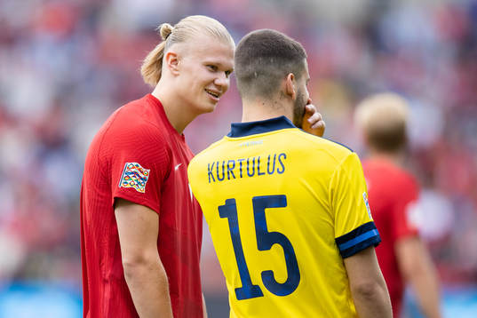 Erling Haaland of Norway and Edvin Kurtulus of Sweden