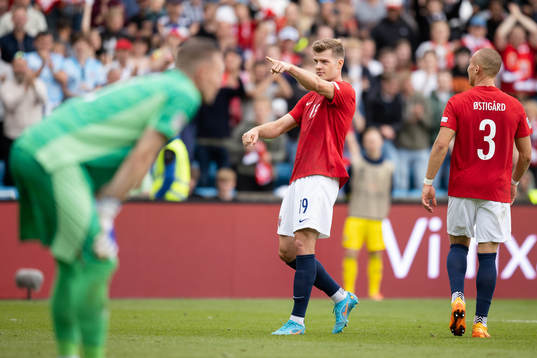 Alexander Sørloth celebrates scoring 3-1