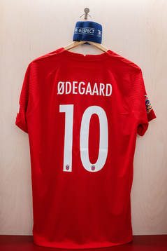 The kit of Martin Ødegaard of Norway in the dressing room