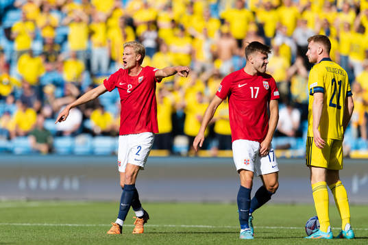 Morten Thorsby and Fredrik Bjørkan of Norway against Dejan