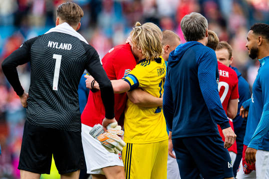 Erling Braut Haaland of Norway and Emil Forsberg of Sweden