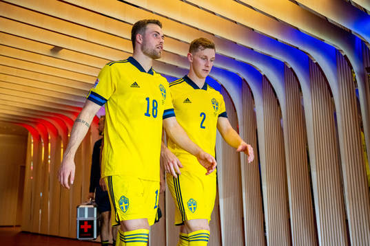 Gabriel Gudmundsson and Emil Krafth of Sweden at half-time