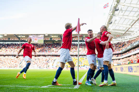 Erling Braut Haaland of Norway celebrates with teammates