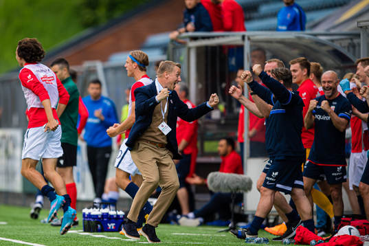 Leif Gunnar Smerud, head coach of Norway, celebrates at the