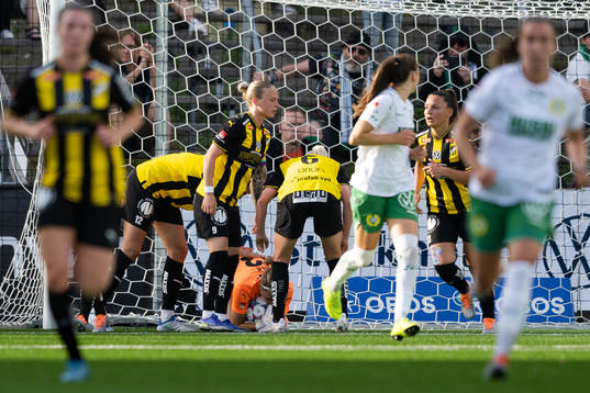Häckens spelare jublar med målvakt Jennifer Falk