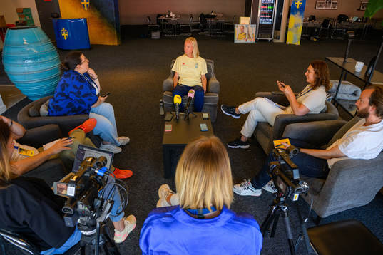 Caroline Seger is interviewed by the media