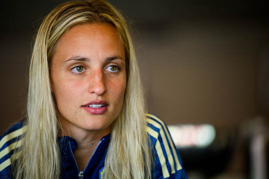 Nathalie Björn is interviewed by the media
