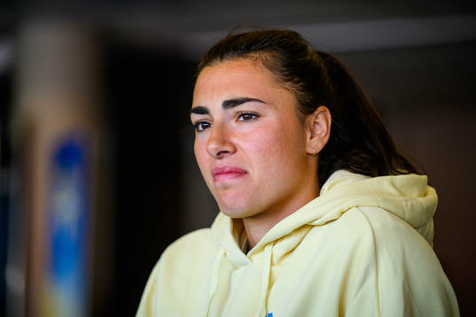Goalkeeper Zecira Musovic is interviewed by the media