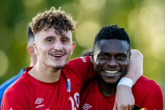 Höganäs Indrit Shala och Oke Akpoveta jublar