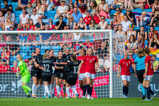 Paige Satchell of New Zealand scores a disallowed goal