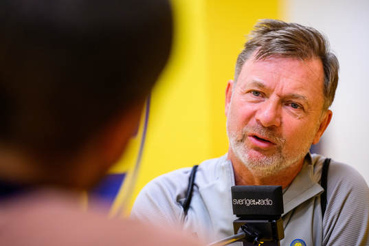 Peter Gerhardsson, head coach is interviewed by the media