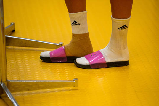 Caroline Seger with a bandaged foot when she is interviewed