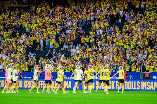 Swedish supporters celebrate with the players of Sweden