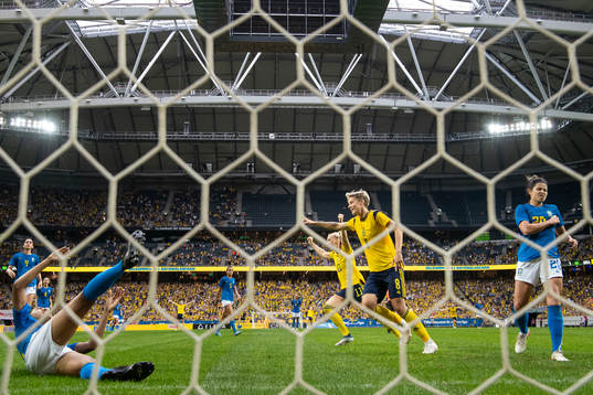 Lina Hurtig and Stina Blackstenius of Sweden celebrate