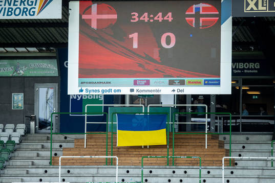 An Ukrainian flag in the stands