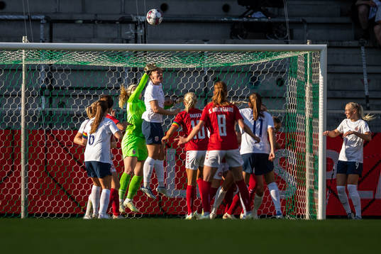 Goalkeeper Guro Pettersen of Norway with a save