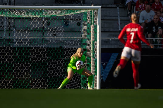 Goalkeeper Guro Pettersen of Norway with a save