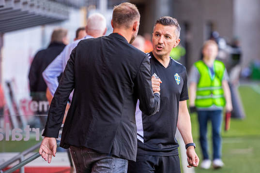Helsingborgs sportchef Andreas Granqvist och domare Bojan