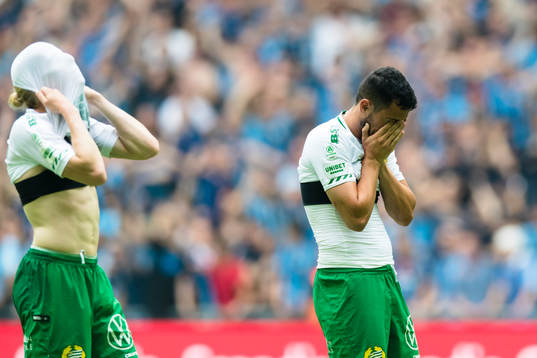 Hammarbys Astrit Selmani och Gustav Ludwigson deppar
