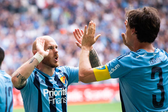 Djurgårdens Magnus Eriksson och Hjalmar Ekdal jublar