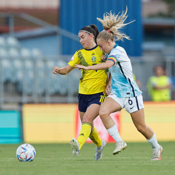Emilia Pelgander of Sweden in action against Julie Jorde of