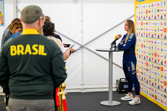 Kosovare Asllani is interviewed by the media
