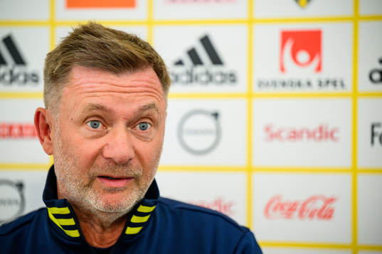 Peter Gerhardsson, head coach is interviewed by the media