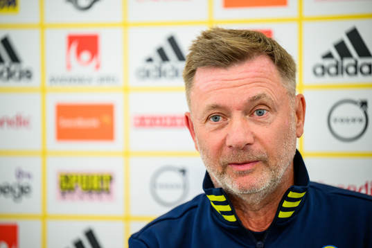 Peter Gerhardsson, head coach is interviewed by the media