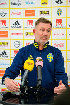 Peter Gerhardsson, head coach is interviewed by the media