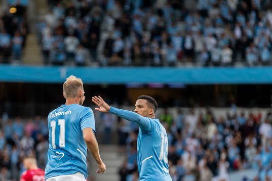 Ola Toivonen and Martin Olsson of Malmö FF celebrate 2-1