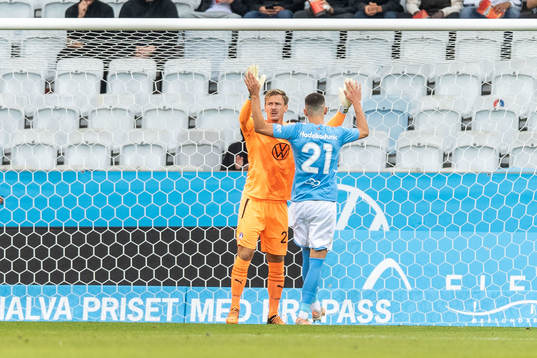 Goalkeeper Johan Dahlin and Dennis Hadzikadunic of Malmö FF