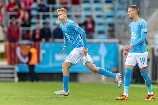 Hugo Larsson and Veljko Birmancevic of Malmö FF
