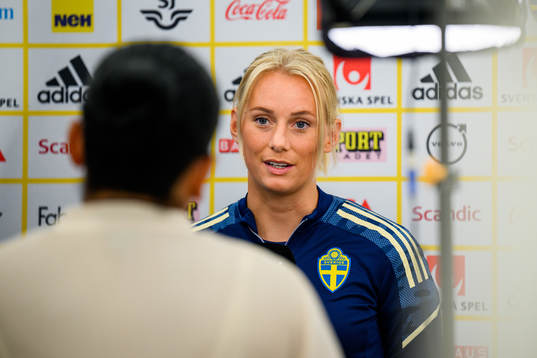 Stina Blackstenius is interviewed by the media