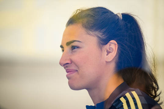 Goalkeeper Zecira Musovic is interviewed by the media