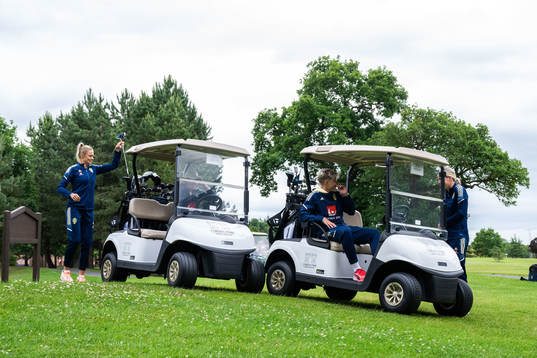Fridolina Rolfö and Lina Hurtig of Sweden tees off