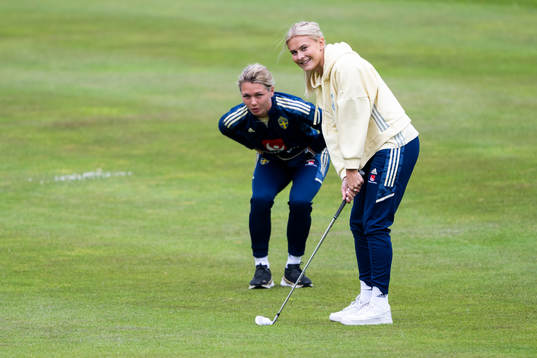 Goalkeeper Jennifer Falk and Amanda Nilden of Sweden