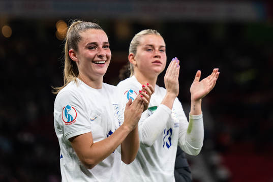 Alessia Russo and Georgia Stanway of England celebrates