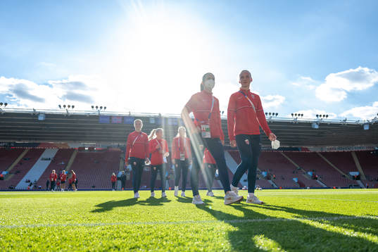 Tuva Hansen and goalkeeper Sunniva Skoglund of Norway