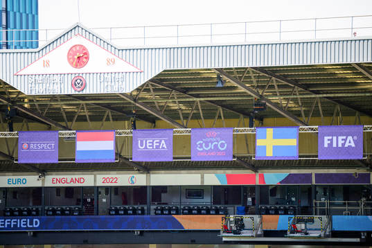 Interior view of Bramall Lane with flags of Netherlands and