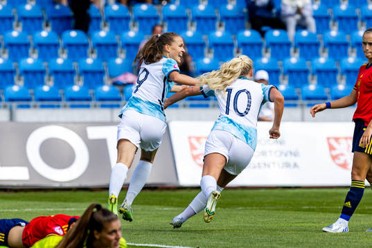 Iris Omarsdottir and Cathinka Tandberg of Norway celebrate