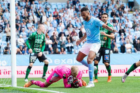 Malmö FFs Isaac Kiese Thelin och Varbergs målvakt Fredrik