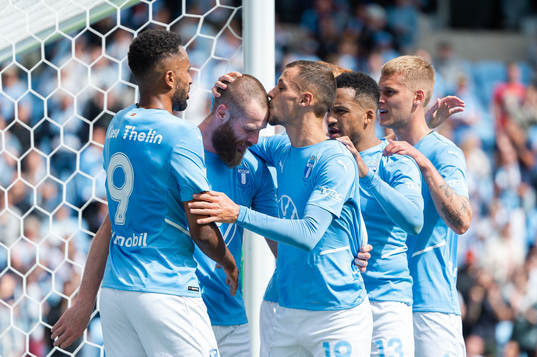 Malmö FFs Jo Inge Berget och Veljko Birmancevic jublar