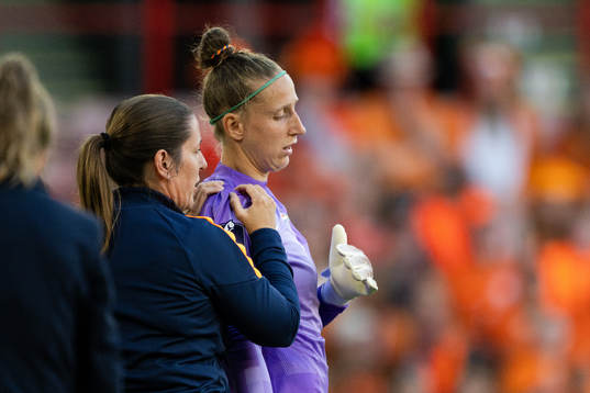 Goalkeeper Sari Van Veenendaal of Netherlands in pain