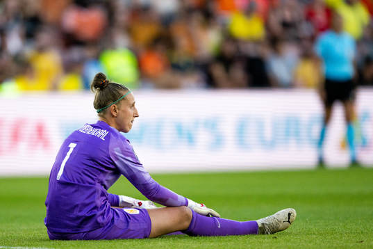 Goalkeeper Sari Van Veenendaal of Netherlands in pain