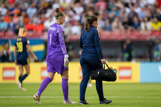Goalkeeper Sari Van Veenendaal of Netherlands in pain
